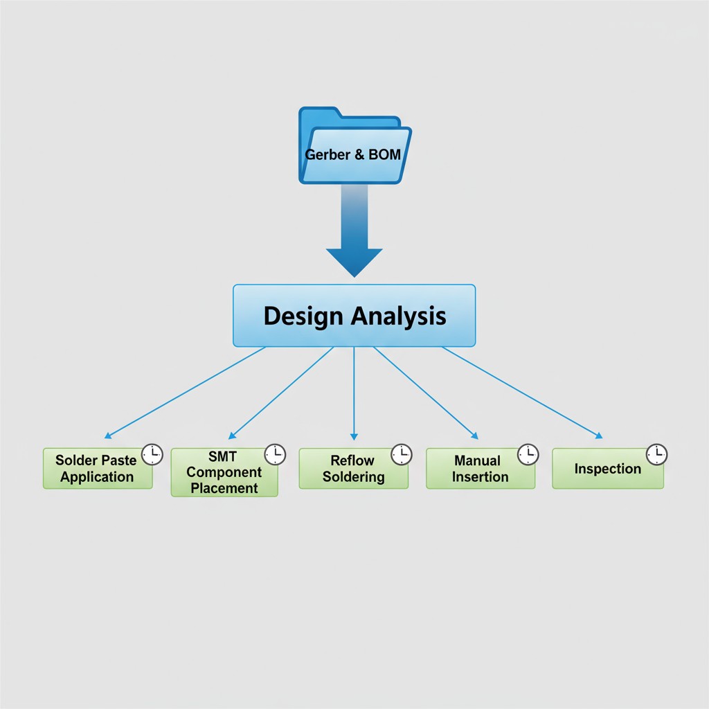 A flowchart showing how a PCB design file is analyzed and broken down into discrete manufacturing steps like SMT placement and reflow soldering, each with an estimated time.