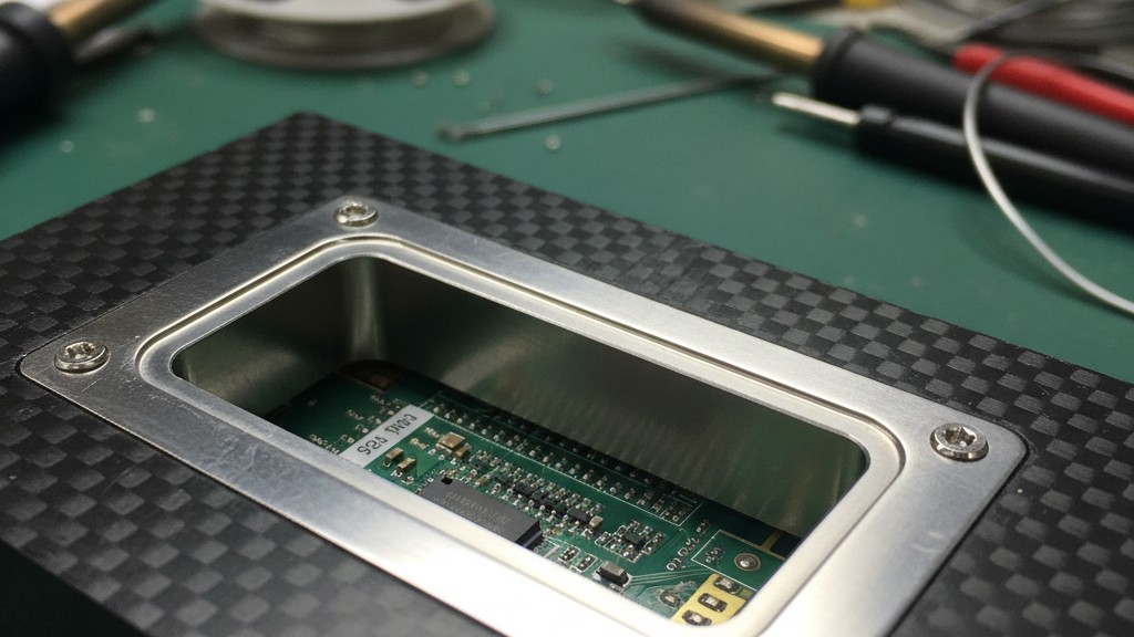 A macro view of a silver titanium insert bolted into a black composite solder pallet, creating a very thin wall to protect nearby components on a circuit board.