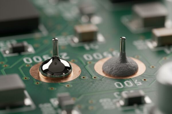An extreme macro photograph of a tiny surface-mount resistor standing vertically on one end in a blob of molten solder on a green printed circuit board.