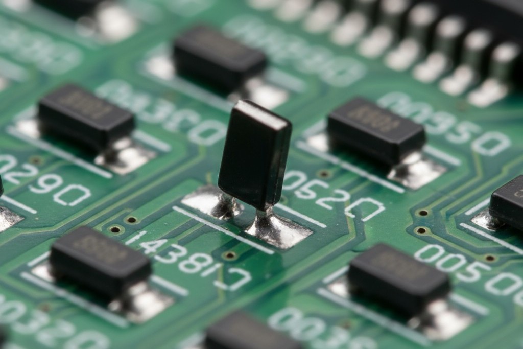 ภาพมาโครของส่วนประกอบอิเล็กทรอนิกส์ขนาดเล็กที่ตั้งตรงบนแผงวงจร ซึ่งเป็นความบกพร่องของการบัดกรีที่เรียกว่าการตั้งขึ้นเป็นหอคอย