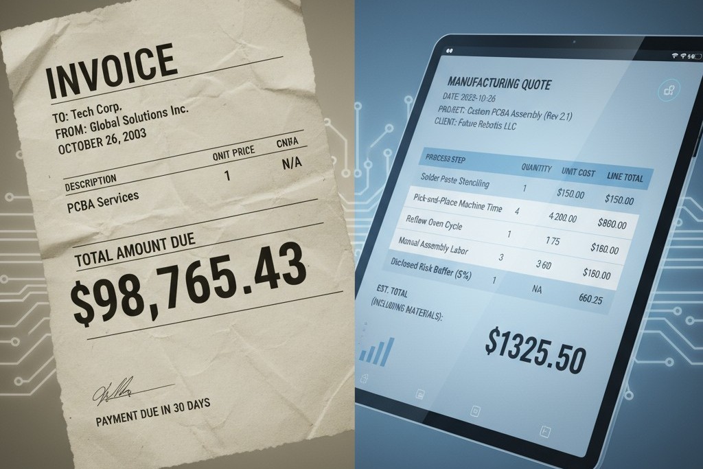 A side-by-side comparison showing a vague, single-line PCBA quote on the left and a detailed, transparent quote with itemized costs for labor and machine time on the right.