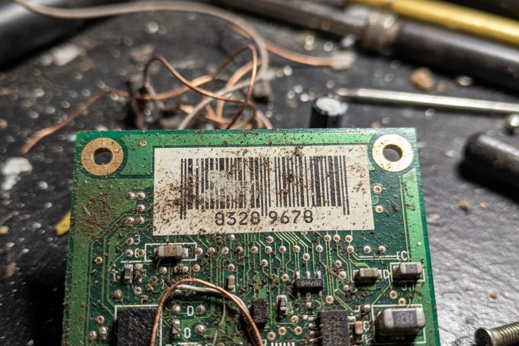 A close-up of a grimy printed circuit board on a workbench. A white rectangle where a barcode used to be is now a smudged, unreadable smear, making it untraceable.