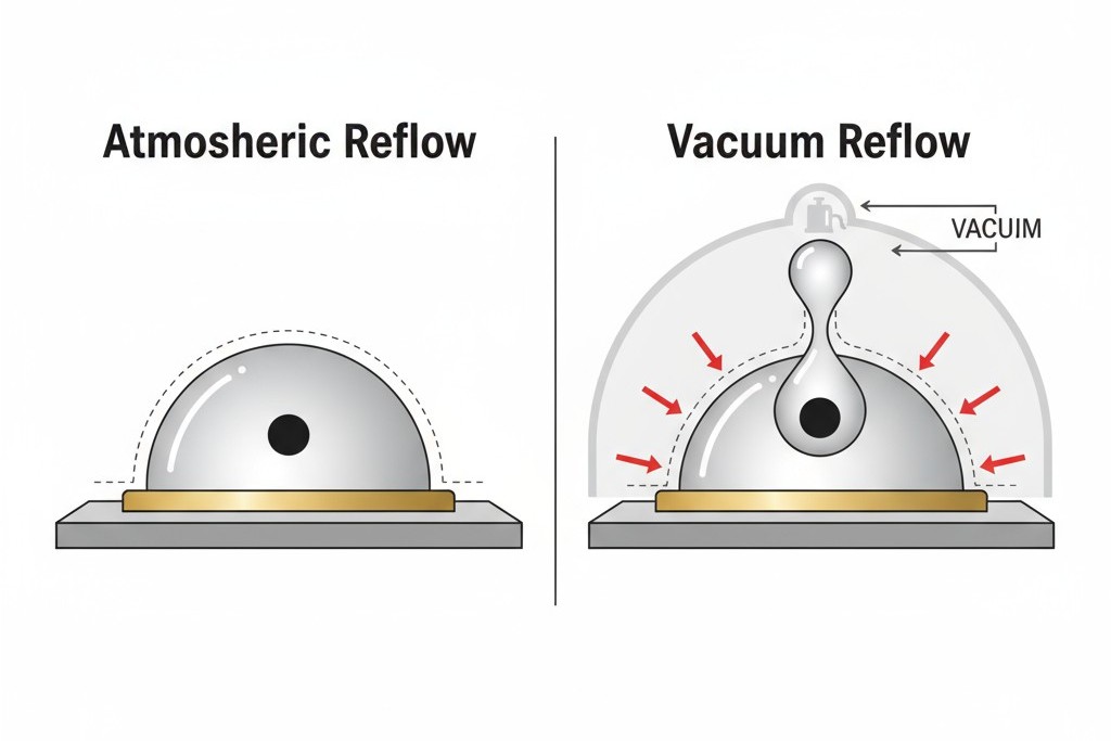 วิธีที่การรีไหลด้วยสุญญากาศกำจัดแก๊สที่ติดอยู่ในรอยต่อบัดกรี ไดอะแกรมเปรียบเทียบการรีฟโลว์ในบรรยากาศ ซึ่งก๊าซฟองอากาศจะติดอยู่ในบัดกรี กับการรีฟโลว์สูญญากาศ ซึ่งก๊าซฟองจะถูกดูดออก