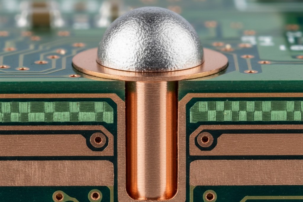 ภาพตัดขวางของ via-in-Pad ที่เต็มและทำให้เรียบเสมอกัน ภาพตัดขวางละเอียดของ PCB ที่แสดงถึงท่อ via บนแผ่นเต็มไปด้วยทองแดงและพื้นราบ Ground สร้างพื้นผิวที่น่าเชื่อถือสำหรับการเชื่อมต่อบัดกรี