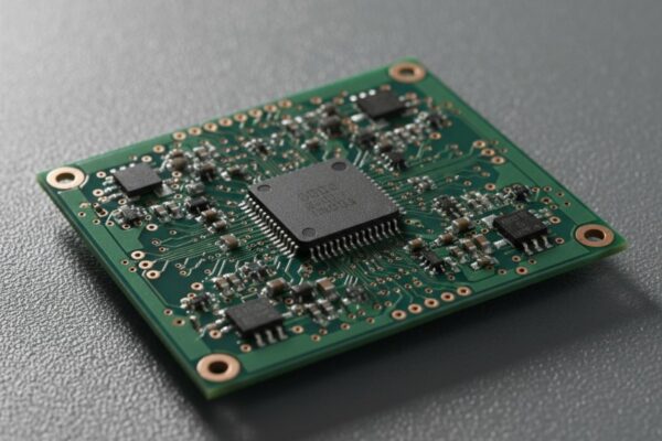 Copper Balance in Reflow: When Thieving Makes Warpage Worse A close-up, photorealistic view of a green printed circuit board that is visibly twisted, with one corner lifted up, demonstrating warpage.