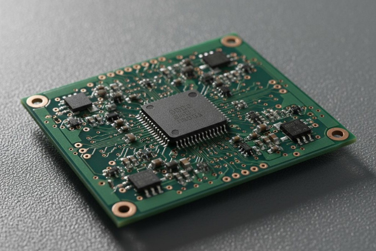 A close-up, photorealistic view of a green printed circuit board that is visibly twisted, with one corner lifted up, demonstrating warpage.