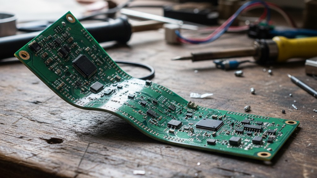 A Twisted PCB After Reflow Soldering A green printed circuit board that is visibly twisted and warped, demonstrating the effects of thermal stress.