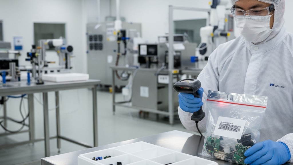 A technician at a medical device assembly station scans a bag of components before adding them to a kitting tray for a specific work order.