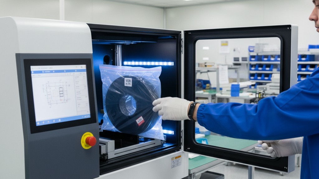 A technician in a blue anti-static coat places a sealed reel of electronic components into a large X-ray counting machine in a clean manufacturing environment.