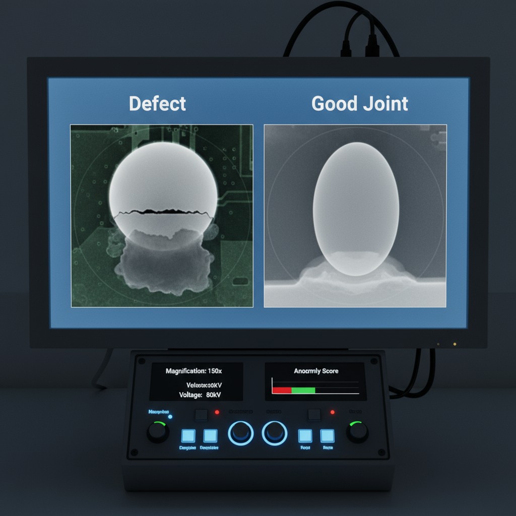 A side-by-side X-ray image comparing a failed head-in-pillow connection with a solid, fully formed solder joint.