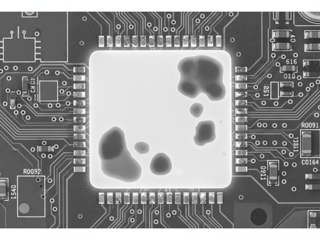 An X-ray view of a QFN package's thermal pad, showing dark areas that represent voids in the solder joint.