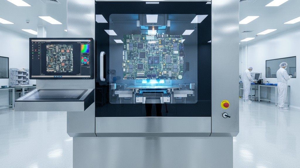 การตรวจสอบด้วยรังสีเอกซ์อัตโนมัติ (AXI) สำหรับการควบคุมคุณภาพไมโคร-BGA เครื่องตรวจสอบรังสีเอ็กซ์อัตโนมัติที่กำลังสแกนบอร์ดวงจรพิมพ์ซับซ้อนเพื่อเช็คความผิดปกติในข้อต่อบัดกรี micro-BGA