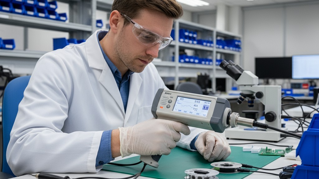 A close-up of a lab technician using a handheld XRF analyzer to verify the material composition of a reel of electronic components.