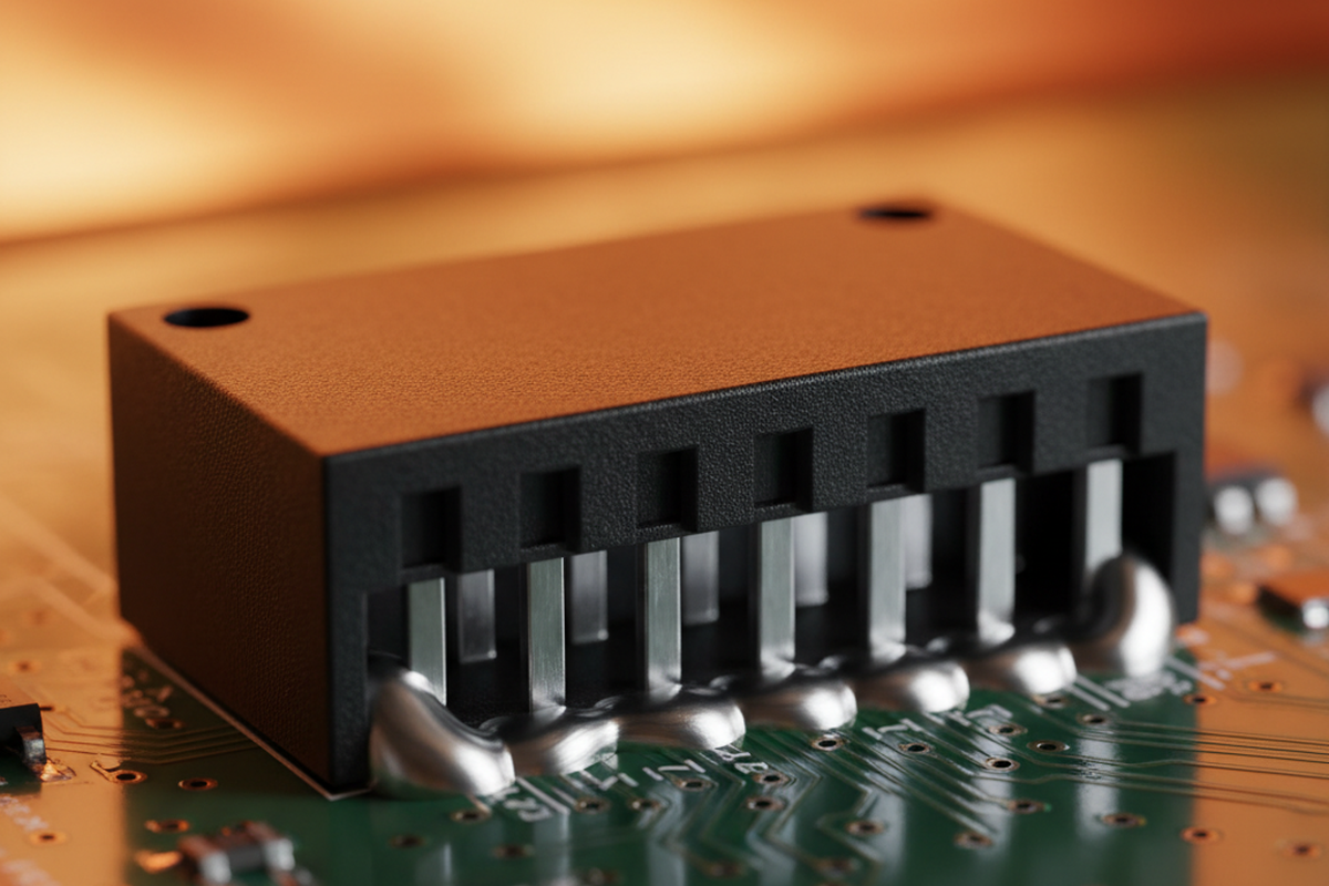 A black rectangular connector sits on a green circuit board with shiny metallic solder joints visible at the base. The background is a blurred, warm orange gradient suggesting a high-temperature environment.