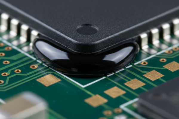 A macro shot captures the corner of a black computer chip on a green circuit board with visible gold contacts. A pool of glossy black adhesive bonds the edge of the component to the PCB surface.
