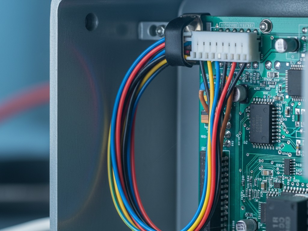 Internal cable service loop A close-up view inside an electronics enclosure showing a wire bundle secured to the chassis with a clip, forming a loose loop before connecting to the circuit board.
