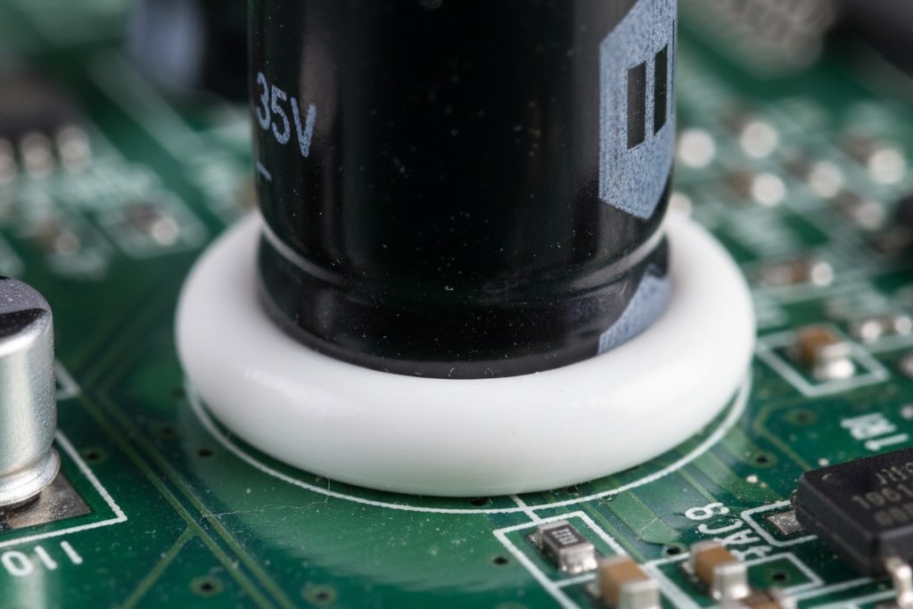 Adhesive staking on capacitor A macro view of a cylindrical capacitor on a green circuit board, secured at the base with a bead of white structural adhesive.