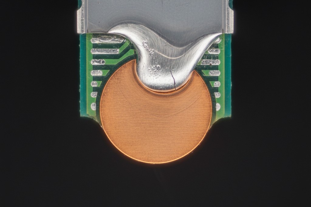 Cross-section of castellated solder joint A microscopic cross-section view of a sliced PCB solder joint, revealing the copper pad, fiberglass layers, and the curved slope of solder wicking up the side of the module.