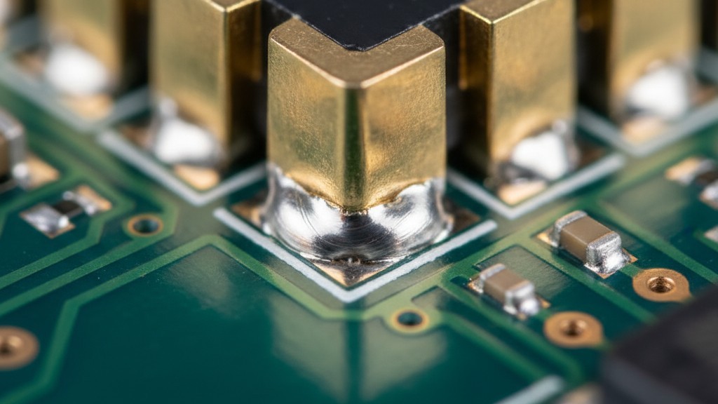 Макро угла кастеллированного модуля Крайний крупный план угла кастеллированного модуля, припаянного к зеленой печатной плате, показывающий полукруглый металлический край и пайку.