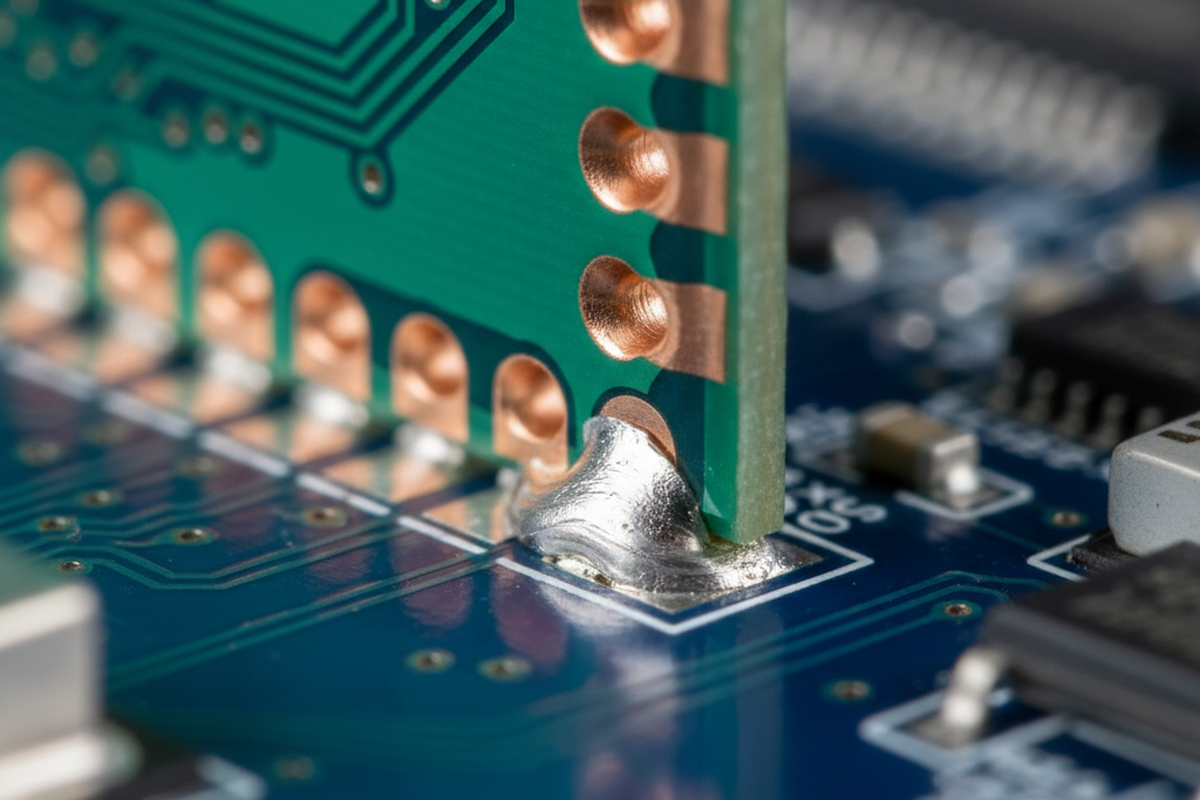 A green printed circuit board with copper edge castellations is soldered vertically to a blue mainboard.