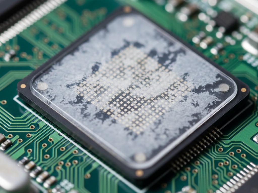 CMOS sensor residue macro A close-up macro photograph of a digital image sensor on a green circuit board, showing a milky, cloudy haze on the central glass surface.