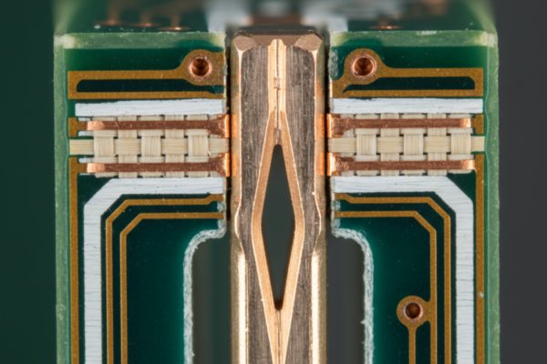 The "Ghost" Failure: Why Press-Fit Connectors Walk Out After They Leave the Factory A vertical macro cross-section reveals a copper press-fit pin embedded within a multi-layered green circuit board. The pin's central compliant structure is compressed against the internal copper plating and fiberglass weave of the PCB.