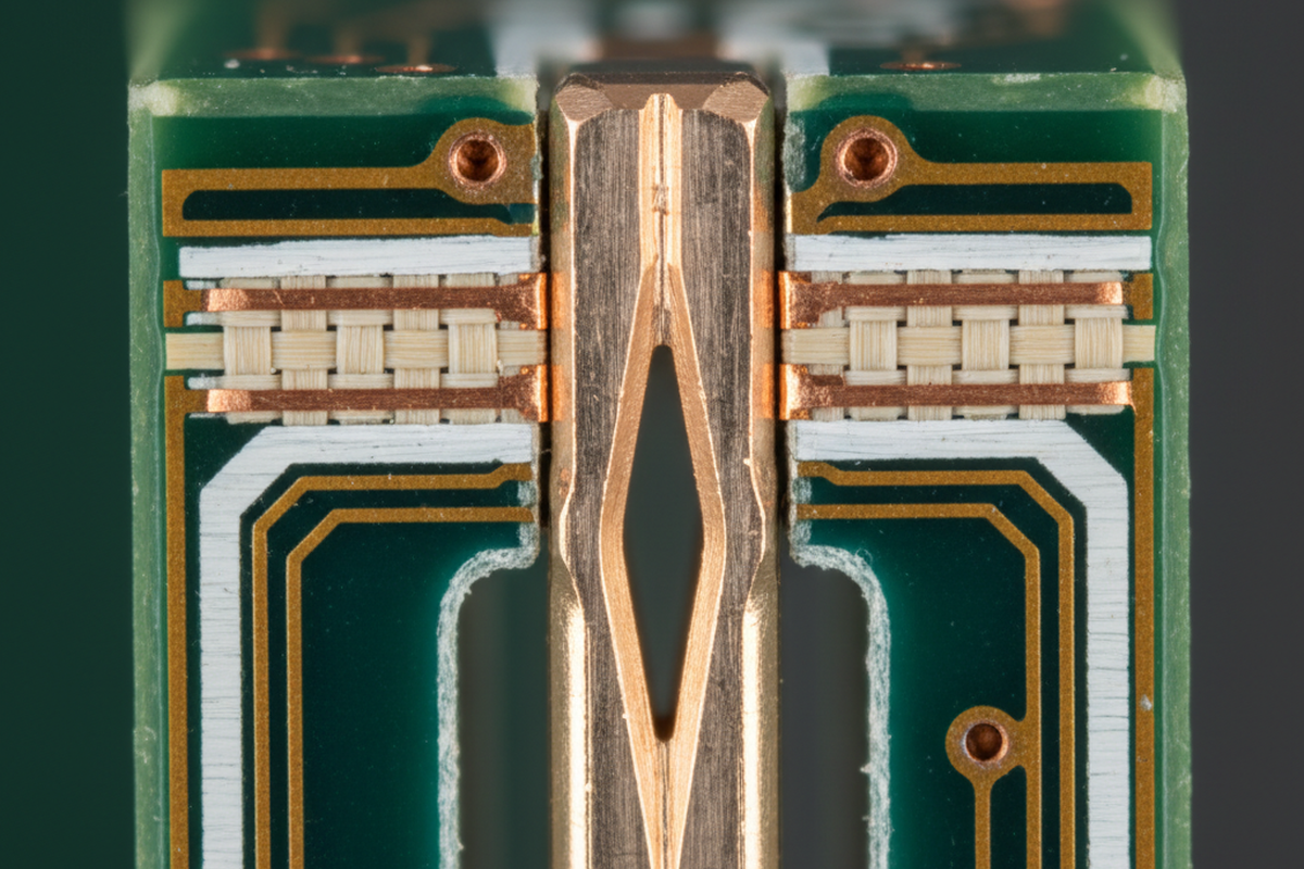 A vertical macro cross-section reveals a copper press-fit pin embedded within a multi-layered green circuit board. The pin's central compliant structure is compressed against the internal copper plating and fiberglass weave of the PCB.