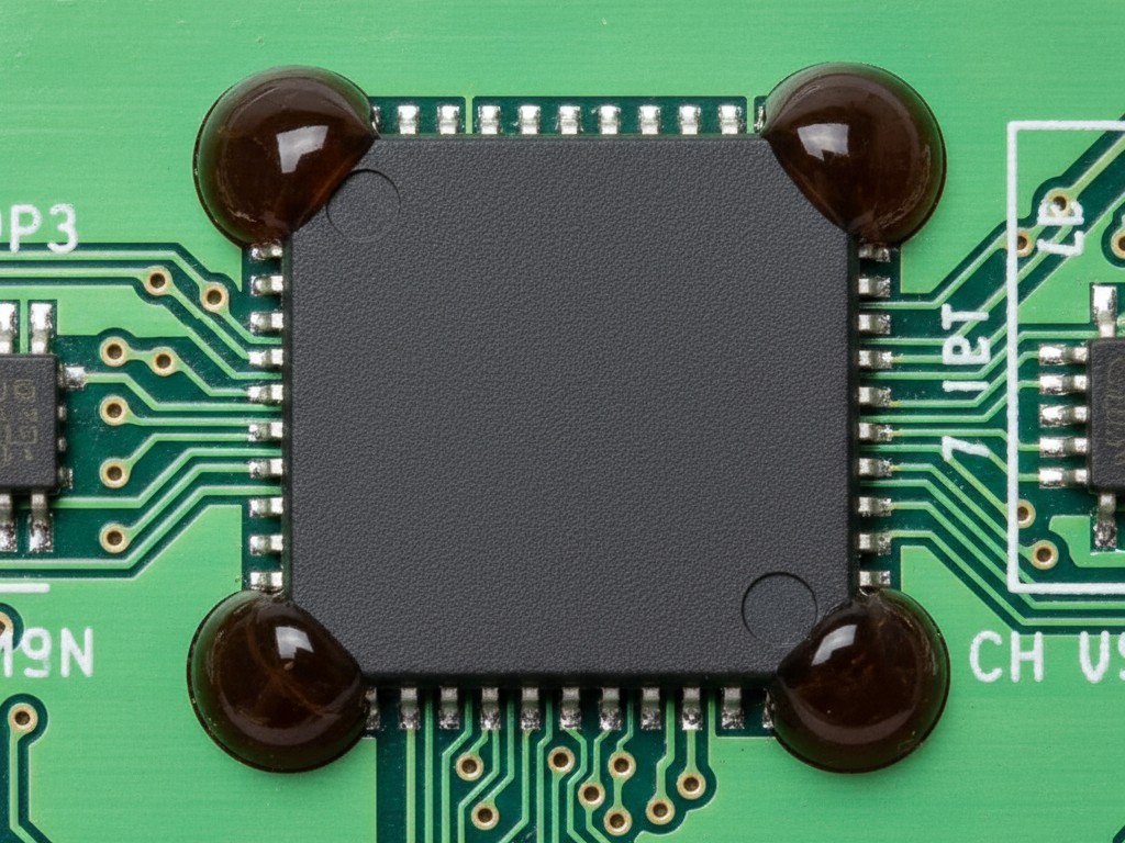 Corner bonded BGA component A high-magnification macro view of a square BGA chip on a green circuit board, secured with distinct beads of dark adhesive at its four corners.