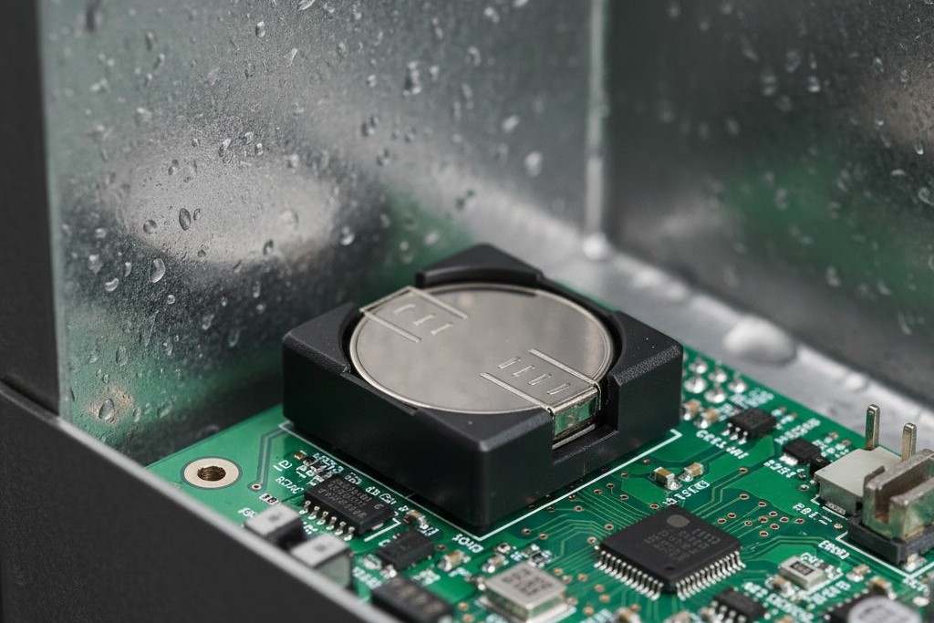 Coin cell in humid environment A close-up of a CR2032 coin cell battery in a holder on a circuit board, situated inside a dim, slightly damp industrial enclosure.