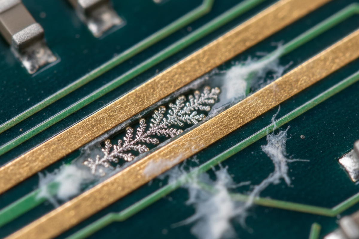 A silvery, fern-like metallic dendrite bridges the gap between two parallel gold traces on a dark green circuit board. Patches of white, wispy contamination residue surround the formation near out-of-focus surface mount components.