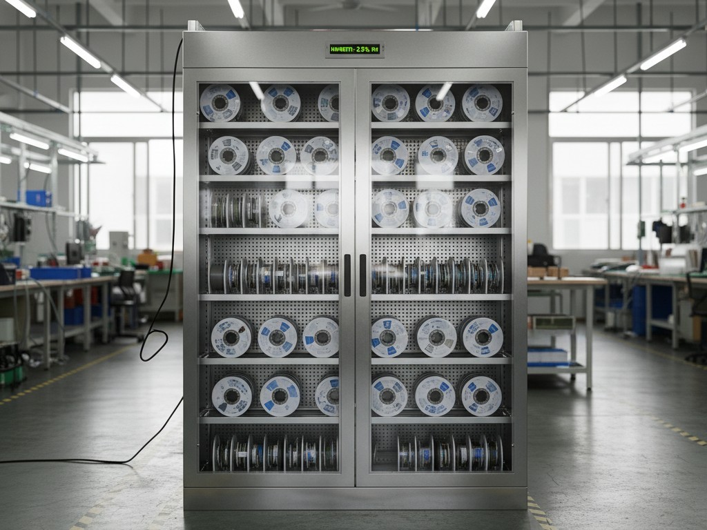 Industrial dry cabinet storage A white industrial dry cabinet with glass doors, containing stacked reels of electronic components.