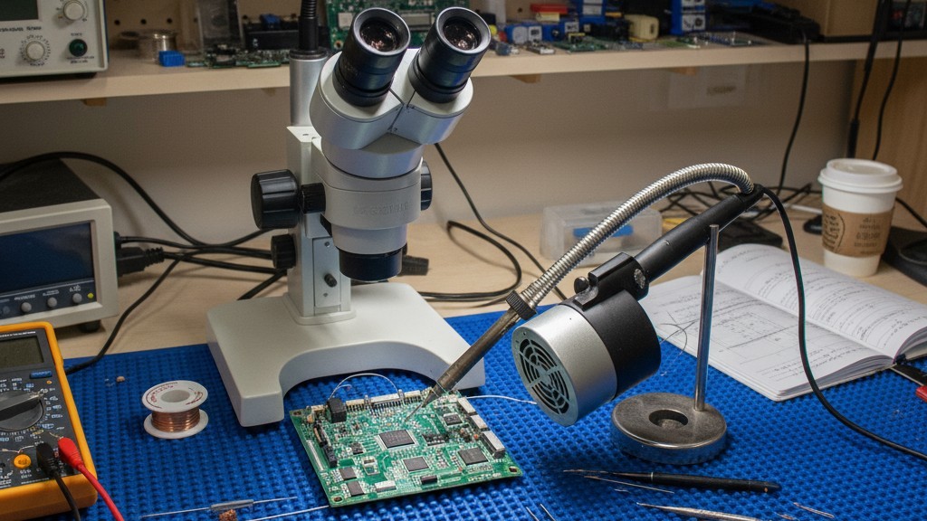 Manual electronics rework station A technician's workbench featuring a stereo microscope, soldering iron, smoke absorber, and a circuit board undergoing repair.