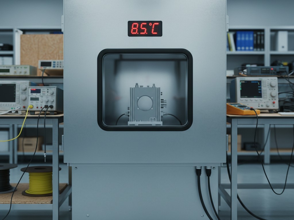 Thermal cycling test chamber An industrial environmental test chamber in an electronics lab, with a glass window revealing a device inside and a red digital display showing 85°C.