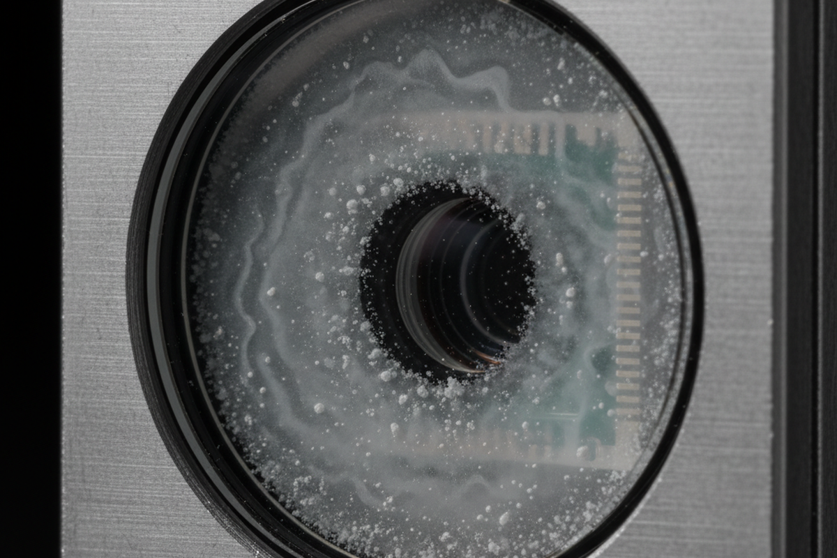 A square metallic optical module features a central lens window covered in a thick, white crystalline haze. The milky deposit forms a circular pattern that obscures the internal electronics and sensor grid.