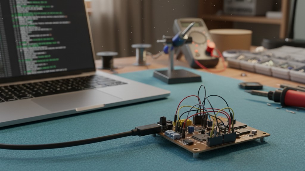 Low volume functional test setup A circuit board sitting on an anti-static mat, connected to a laptop via a simple cable.