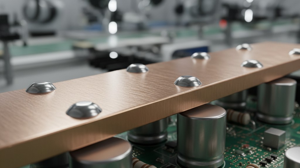 Крупный план тяжелой медной шины Макросъёмка крупным планом толстого медного шины, установленной на зелёной промышленной печатной плате.