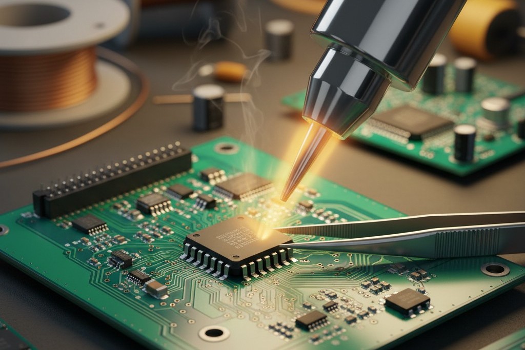 BGA rework with hot air A close-up of a technician's workbench showing a hot air nozzle directed at a circuit board component, with tweezers positioned to lift it.