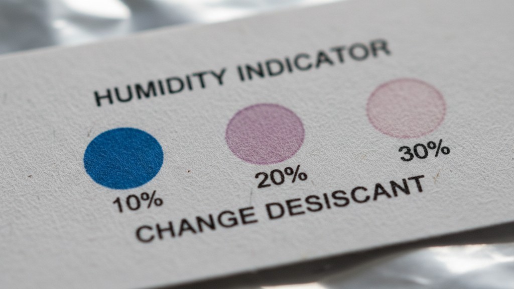 Humidity Indicator Card closeup A macro view of a paper Humidity Indicator Card showing three colored circular spots, resting on a silver moisture barrier bag.