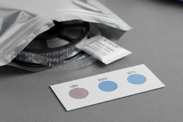 A three-spot humidity indicator card rests on a grey surface in front of an open silver moisture barrier bag containing a component reel. The 10% spot on the card appears pinkish-lavender, while the 20% and 30% spots remain blue.