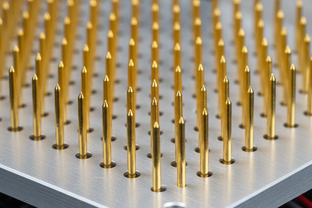 ICT fixture pogo pins A macro close-up of spring-loaded gold pogo pins protruding from a machined aluminum test fixture.