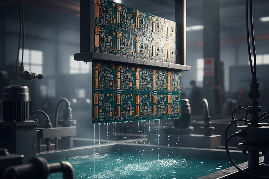 PCB plating bath immersion A printed circuit board panel suspended on a rack, freshly lifted from a chemical plating tank, dripping with electrolyte solution.