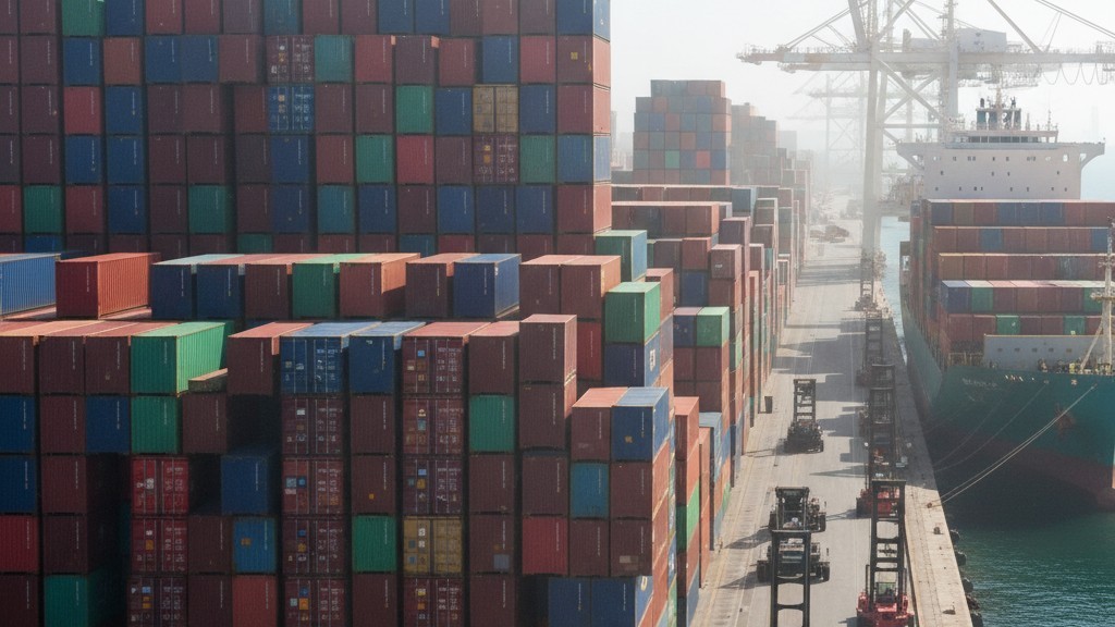 Shipping container heat exposure Stacks of colorful industrial shipping containers in a sunny port environment with visible heat haze distortion in the air.