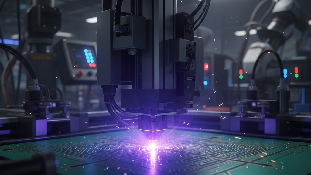 Производство с использованием лазерной прямой печати Крупный план производственной машины, использующей фиолетовый лазерный луч для сканирования узора на зеленой печатной плате.