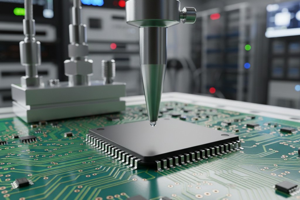 Localized cleanliness testing nozzle A close-up of a precision testing nozzle positioned directly over a microchip on a circuit board.