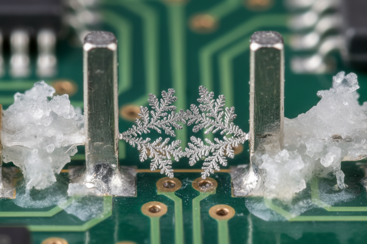 Silver, fern-like metallic crystals grow horizontally to bridge the gap between two metal posts on a green circuit board. White, crystalline residue accumulates around the soldered base of the pins.