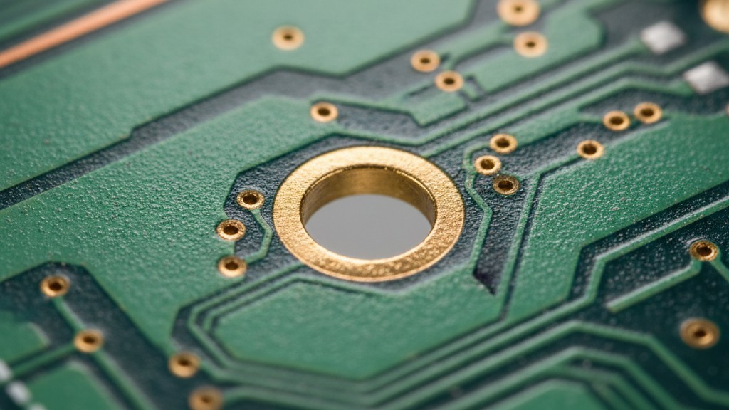 PCB plated through-hole macro Extreme close-up of a bare printed circuit board focusing on a single gold-plated through-hole, revealing the texture of the green solder mask and the metal ring.