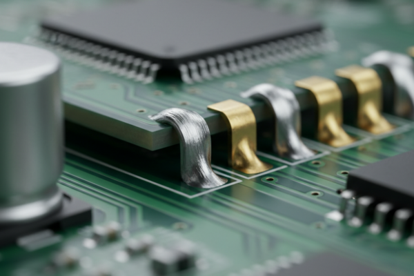 The Hidden Physics of Castellated Module Failures A high-magnification view shows the edge of an electronic module mounted to a green printed circuit board with curved metal leads. Silver solder joints and gold contacts bridge the connection between the upper component and the main board pads.