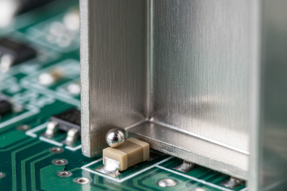 A shiny, spherical solder bead sits on top of a small beige capacitor soldered to a green circuit board. A vertical metal wall rises directly next to the component, creating a tight clearance area.