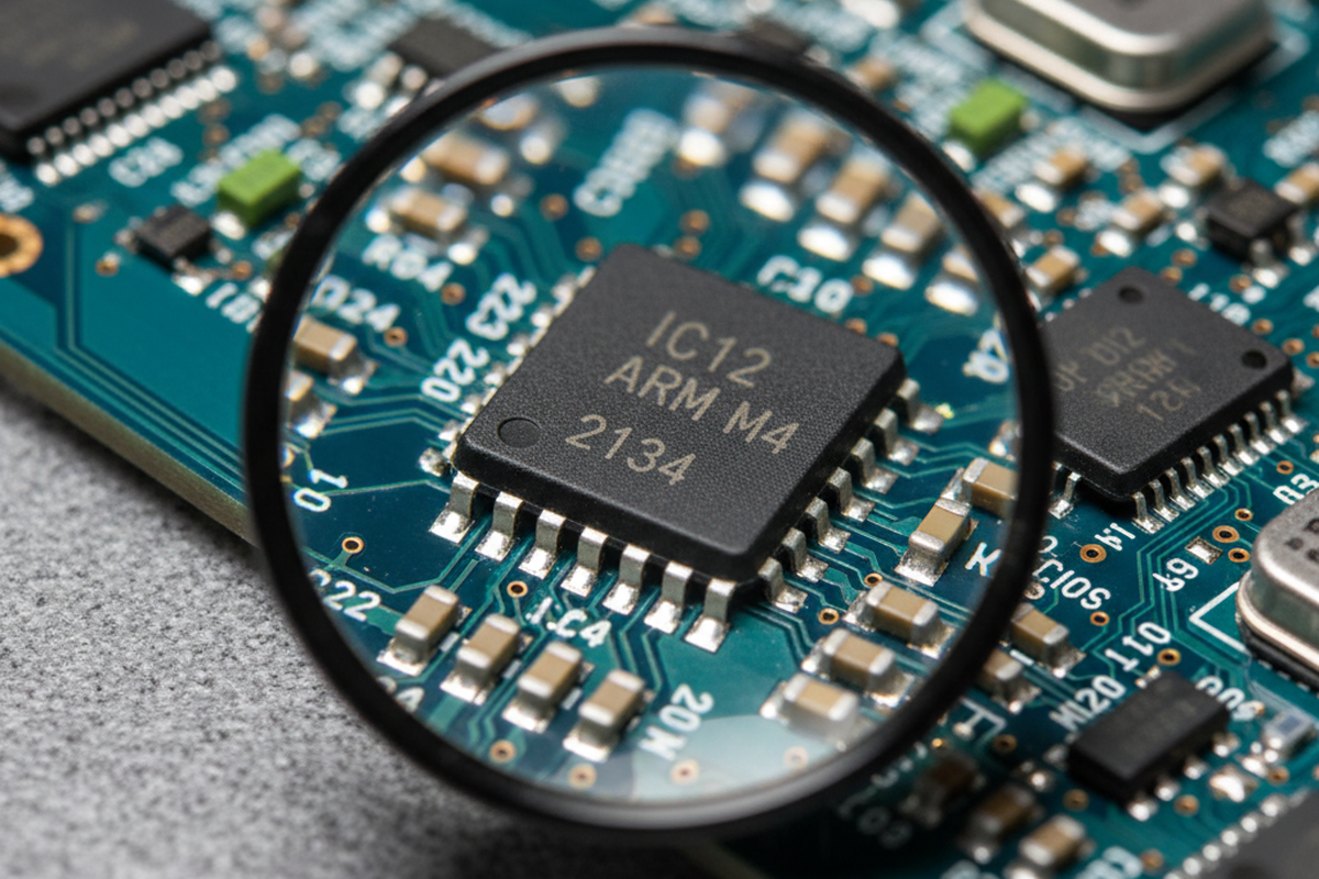 A circular magnifying glass lens focuses on a black microchip labeled "IC12 ARM M4" mounted on a blue circuit board. Small surface-mount components like capacitors and resistors surround the central chip, fading into a blurred background.