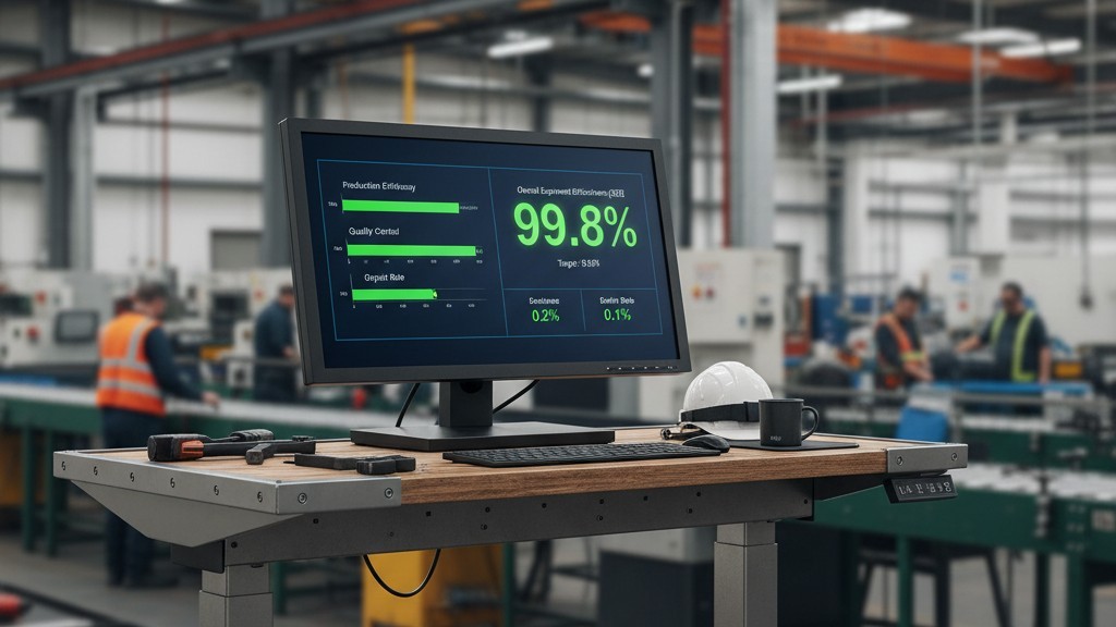 Green manufacturing yield dashboard A close-up of a computer monitor in a factory setting displaying green bar charts and high-percentage yield metrics.